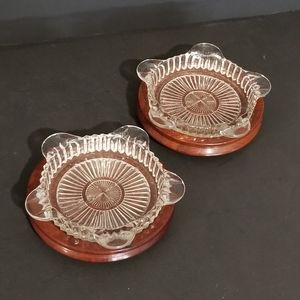 MAHOGANY AND GLASS SET OF 2 ASHTRAYS